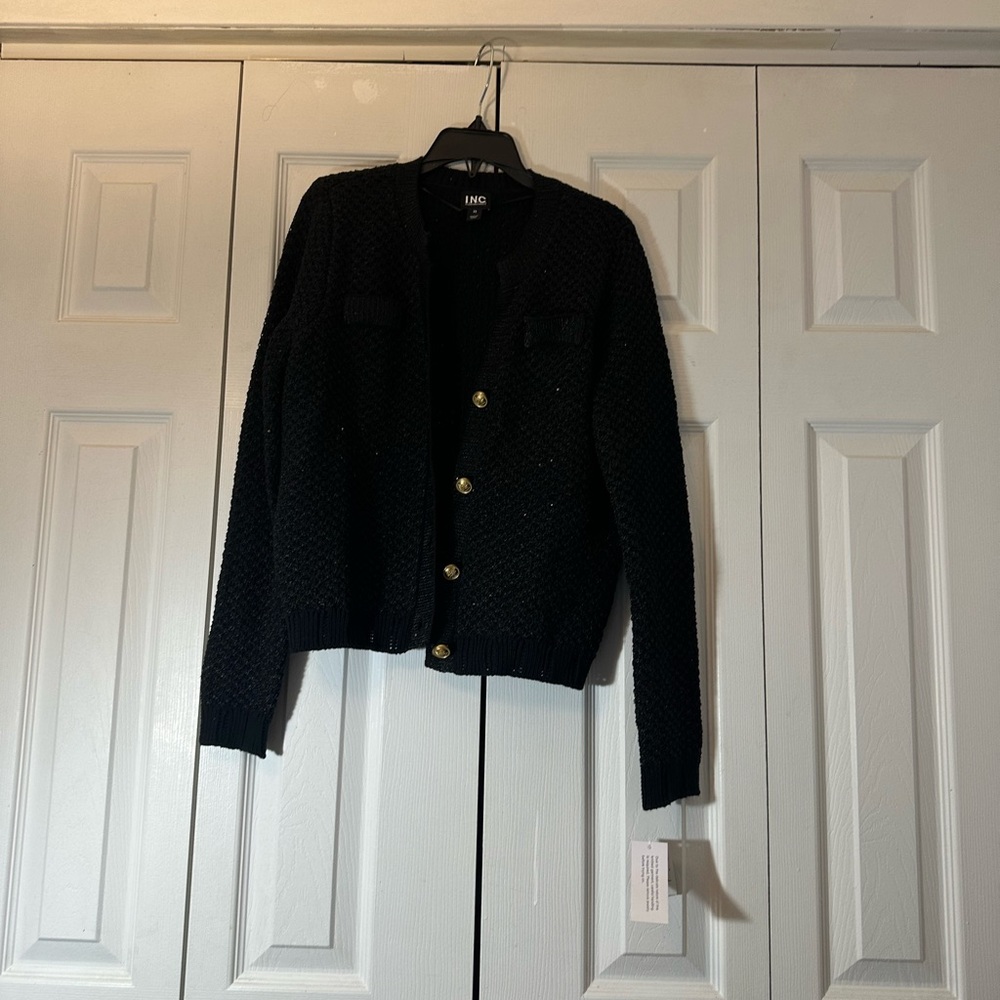 INC International Concepts Black Textured Knit Button-Up Cardigan Jacket